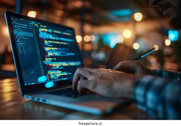 Software developer writing code in a dimly lit room