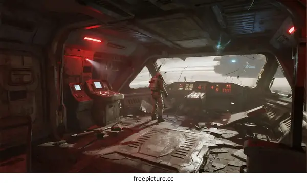 A Soldier Standing in Damaged Sci-Fi Spaceship Interior