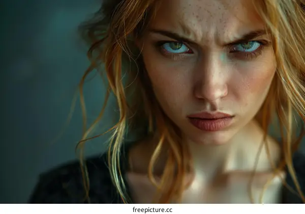 Portrait of a redhead woman with freckles looking at the camera with an angry expression