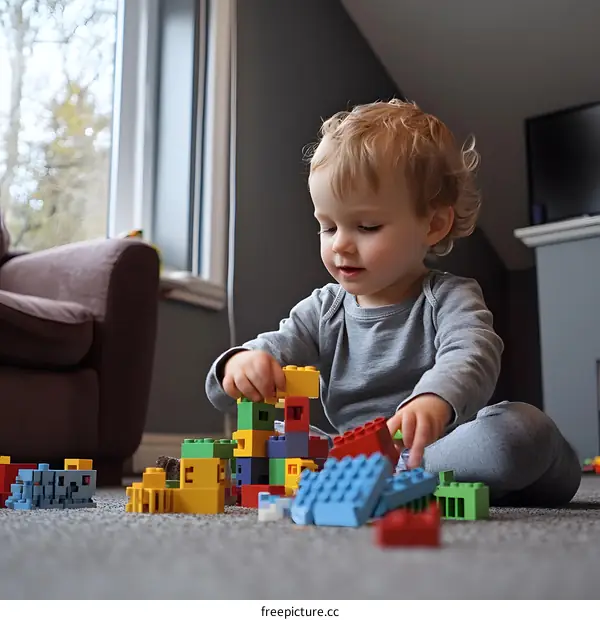 Young Boy Playing with Colorful Building Blocks