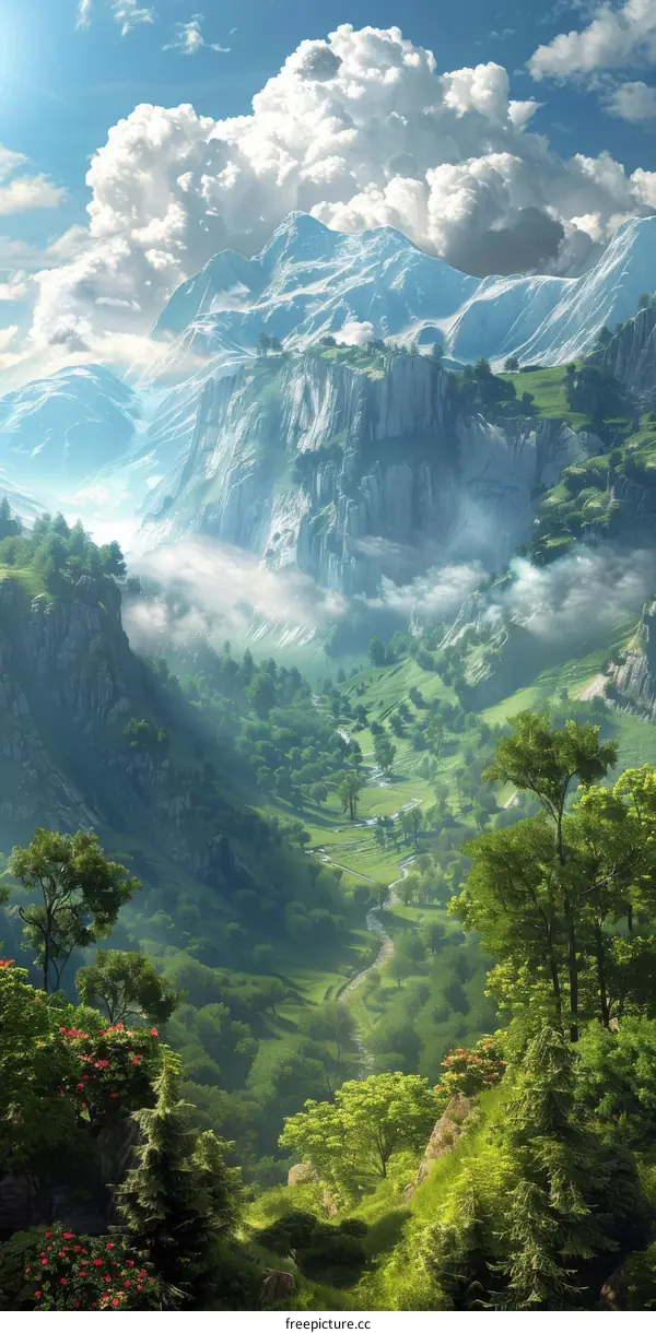 Majestic Mountain Valley Scenery Illustration