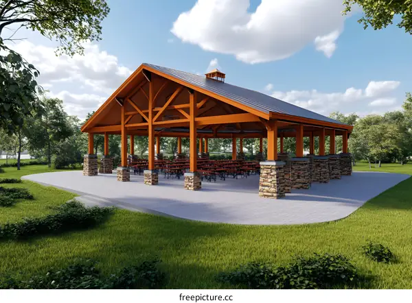 Wooden Covered Pavilion with Stone Pillars in a Park