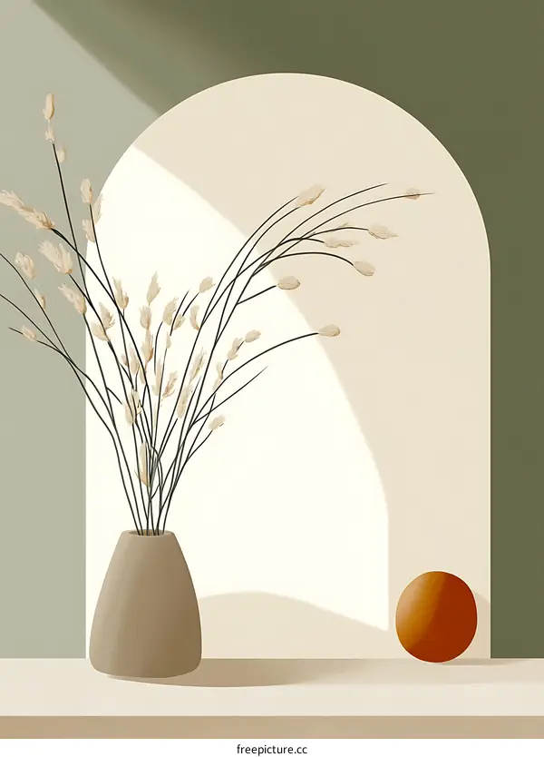 Abstract Minimalist Interior Design with Dried Flowers and a Sphere