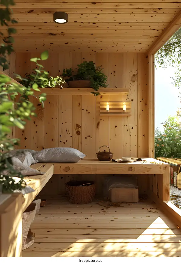 Wooden Cabin Interior Design With Plants