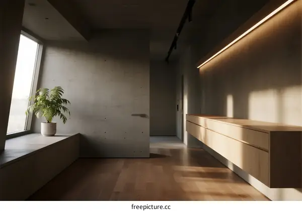 Modern minimalist interior with large window and wooden cabinet