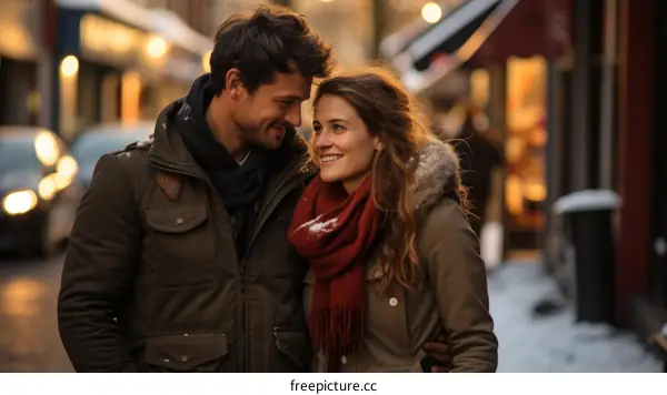 A couple is walking down a snowy street.