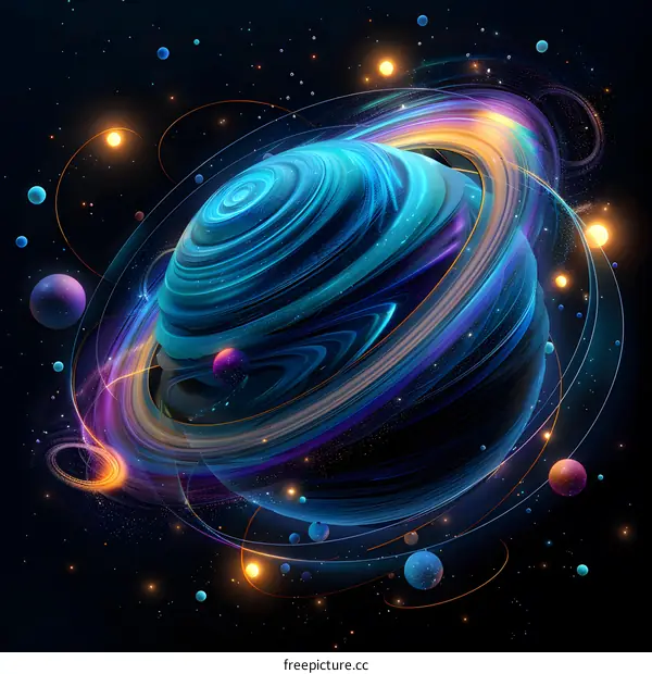 Blue and purple planet with rings of light