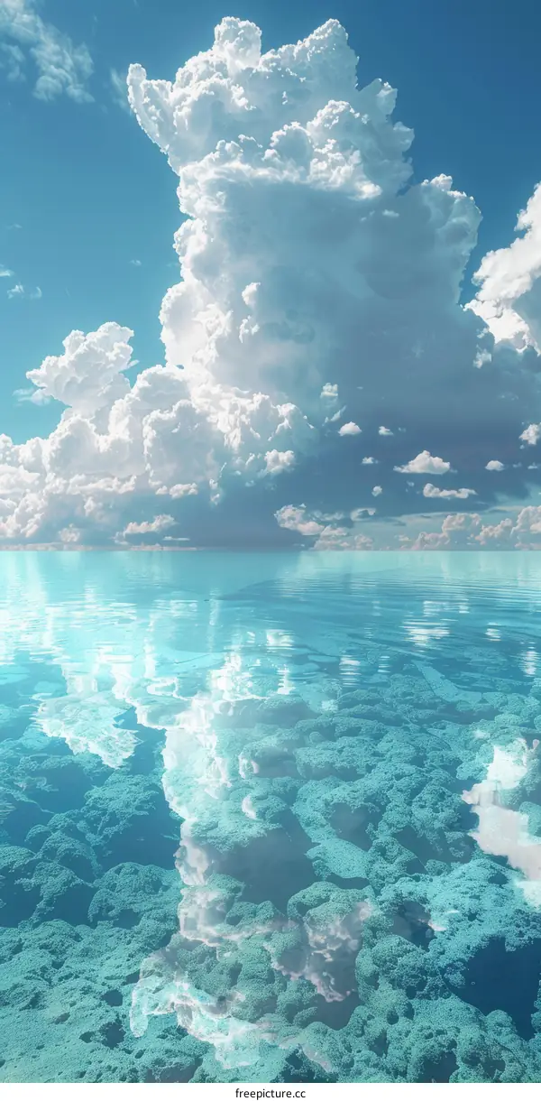 Blue sky, white clouds, green sea and coral reef