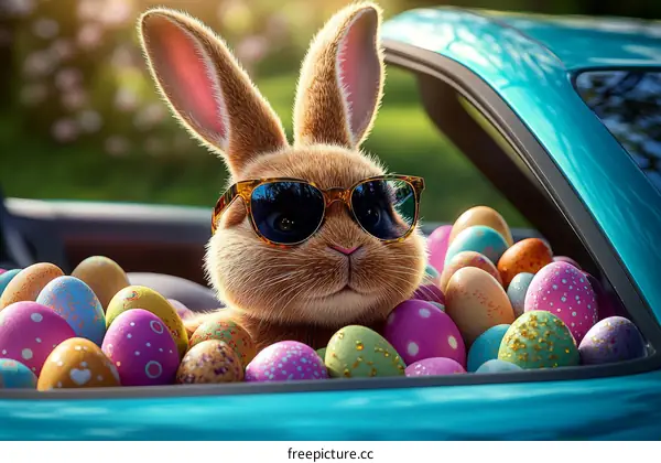 Easter Bunny in a Car with Eggs