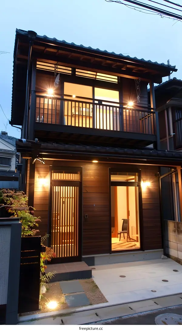 Modern Japanese Style Home with a Balcony and a Wooden Front Door