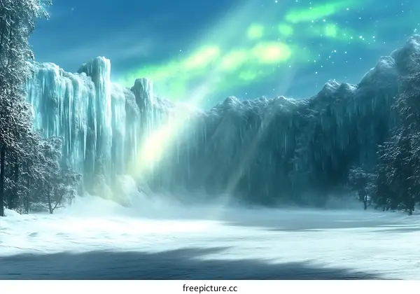 Winter Landscape with Ice Wall and Aurora Borealis