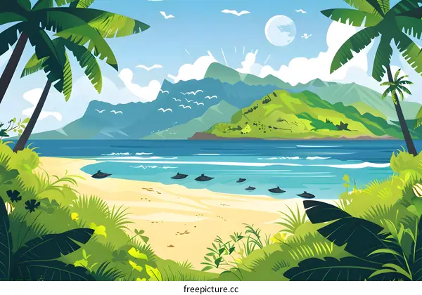 Tropical Beach with Palm Trees and Blue Ocean