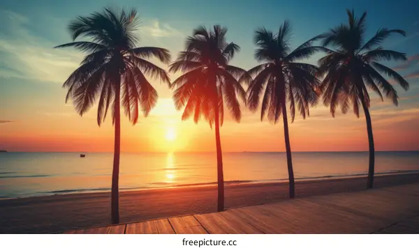 Palm trees on a tropical beach at sunset