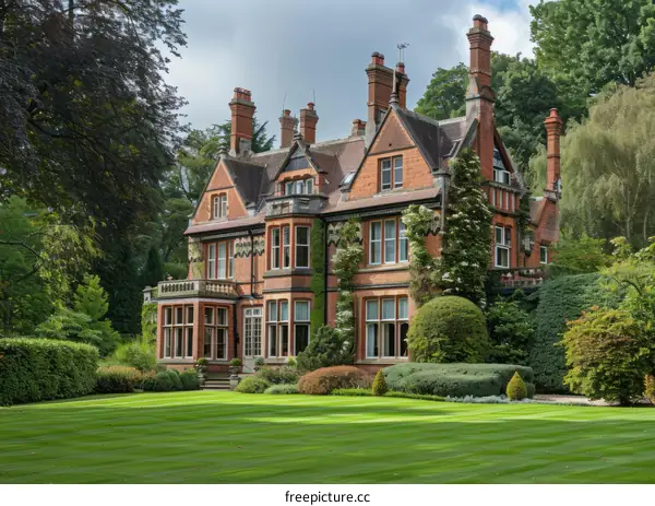 A large red brick house with a lot of windows and a big lawn in front
