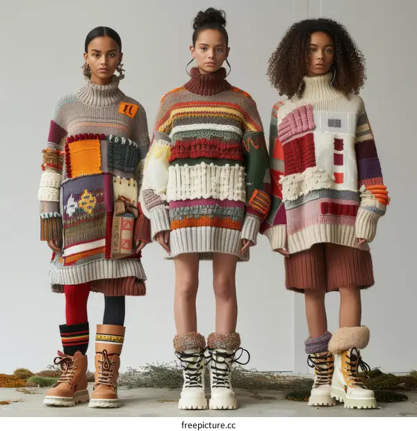 Three young women wearing colorful sweaters and brown boots