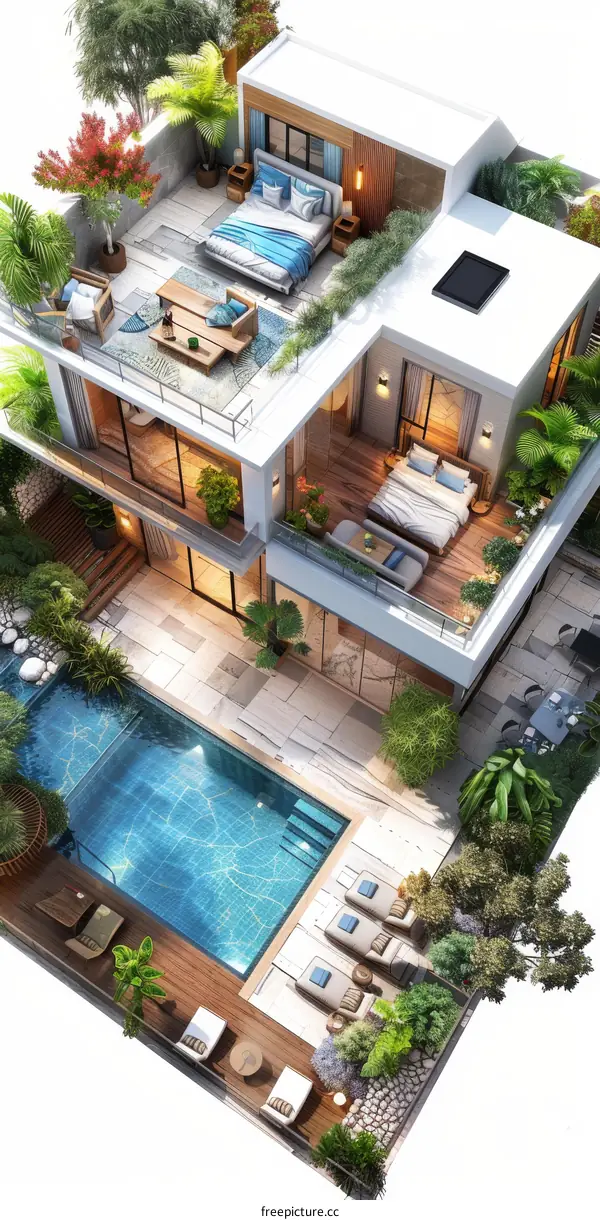 Modern Luxury House with Swimming Pool and Garden - Aerial View