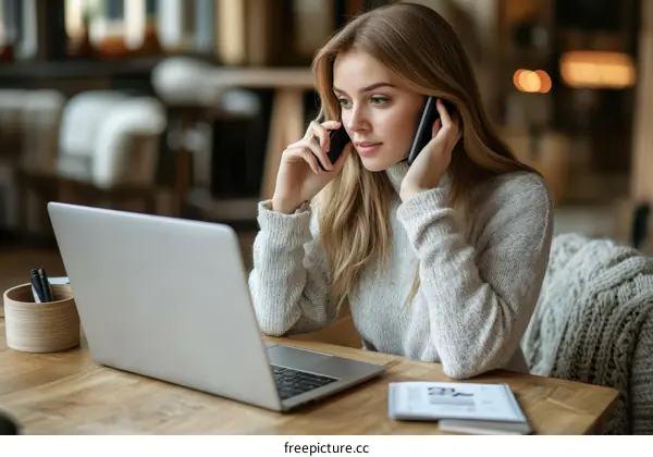 Woman Talking on Phone While Working on Laptop