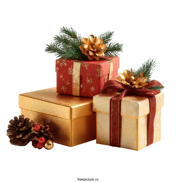 [Transparent Background PNG]Christmas Gift Boxes with Festive Decorations