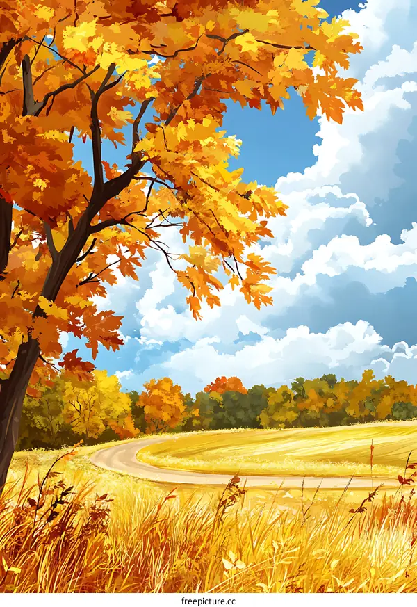 Autumn Landscape with Winding Road and Golden Trees