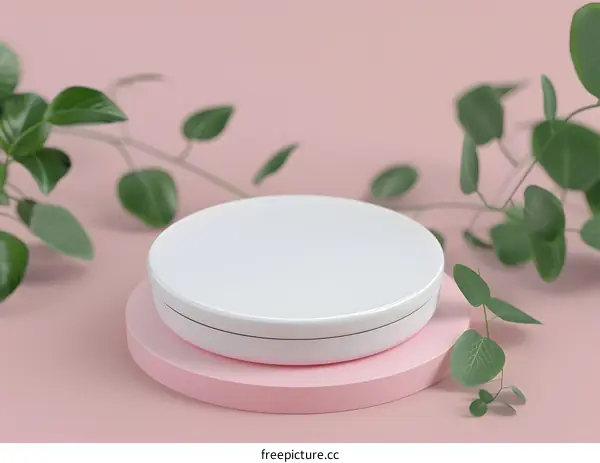 White Round Makeup Compact On Pink Platform With Green Leaves