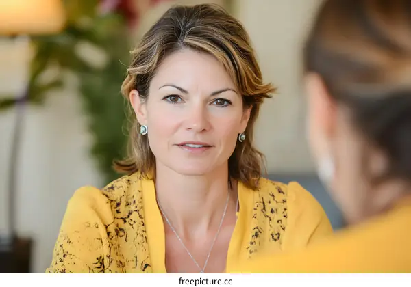 Portrait of a Woman in a Yellow Blouse, Looking at Someone