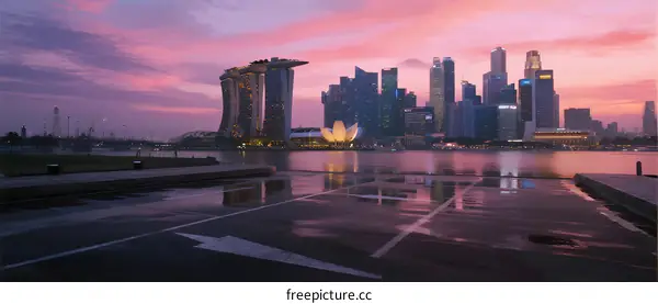Vibrant cityscape at sunset with modern skyscrapers and reflective water