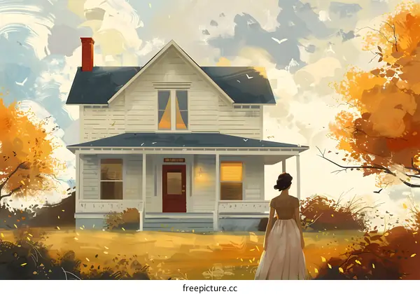 Woman Standing in Front of House in Autumn