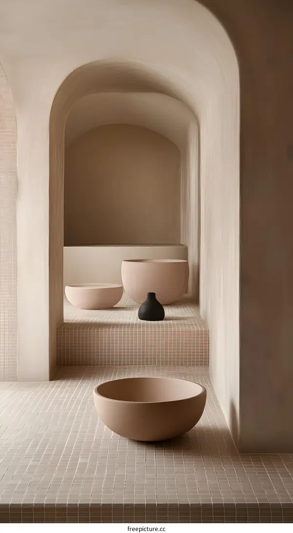 Minimalist Interior Design with Arched Wall and Terracotta Bowls