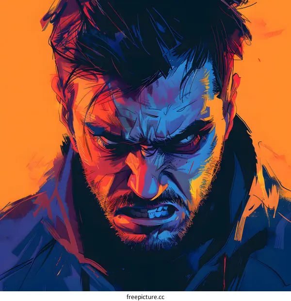 A close-up of a mans face with a beard and a scowl on his face