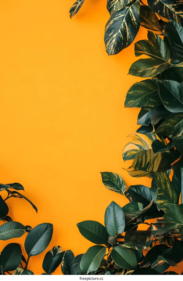 Tropical Green Leaves on Yellow Background