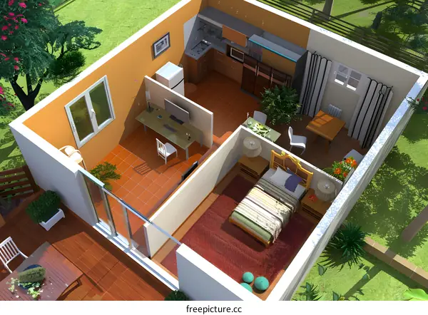 Top View of a Modern Small Apartment with Balcony