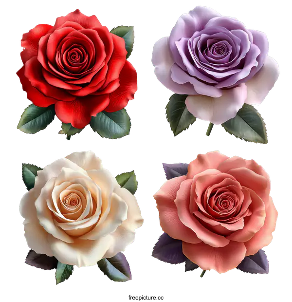 [Transparent Background PNG]Four Vintage Style Roses in Vibrant Colors