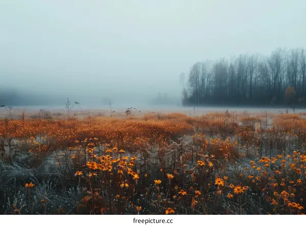 Serene Yellow Flower Field in Fog