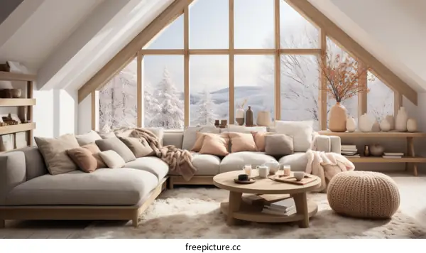 A cozy living room with a large window looking out onto a snowy forest