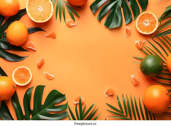 Orange Fruit and Green Leaves Flat Lay on Orange Background