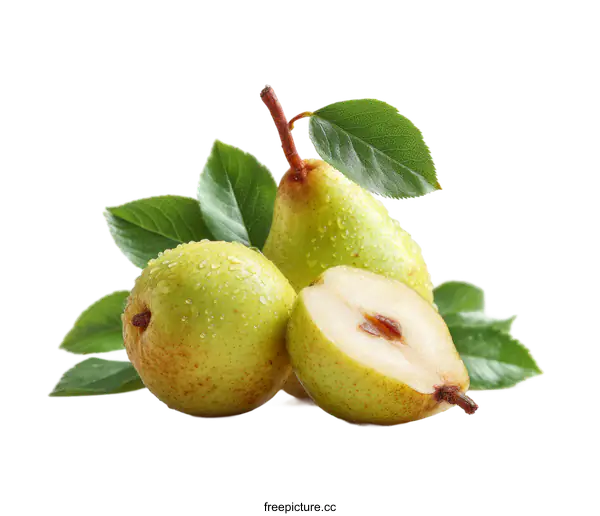 [Transparent Background PNG]Fresh Pears with Dew Drops and Leaves