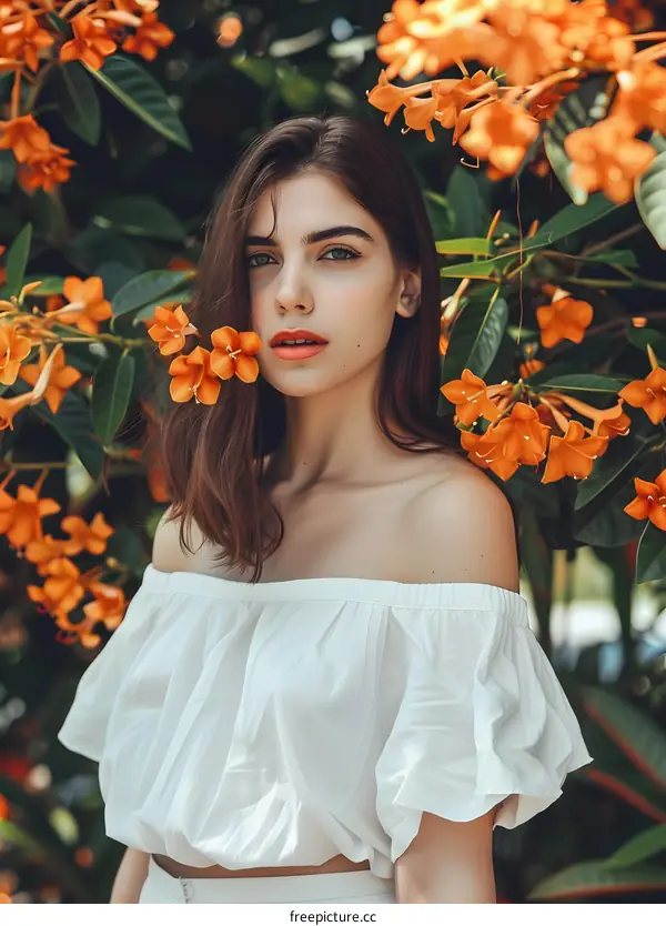 Young Woman with Flowers and White Top