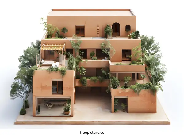 Modern clay house with lush greenery