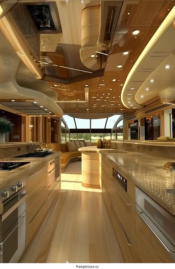 Futuristic kitchen interior with wood and metal