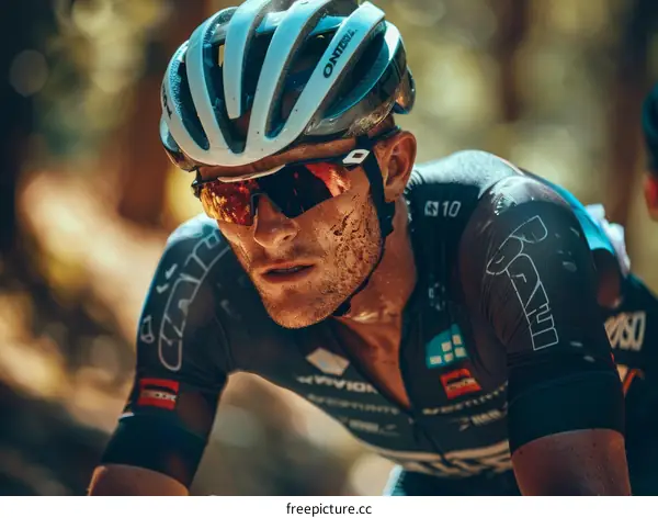 Close up of a male cyclist wearing a helmet and sunglasses, competing in a mountain bike race