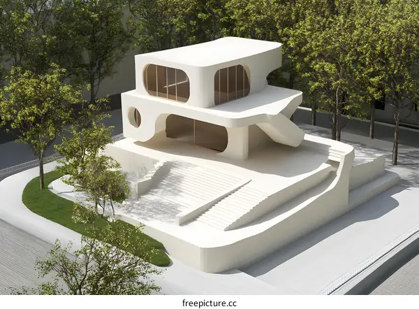 Modern White Building with Curved Walls and Staircase