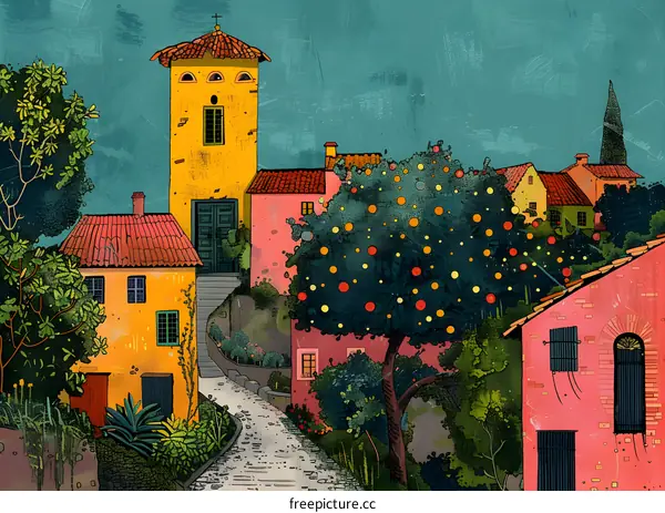 Picturesque Mediterranean Village Illustration