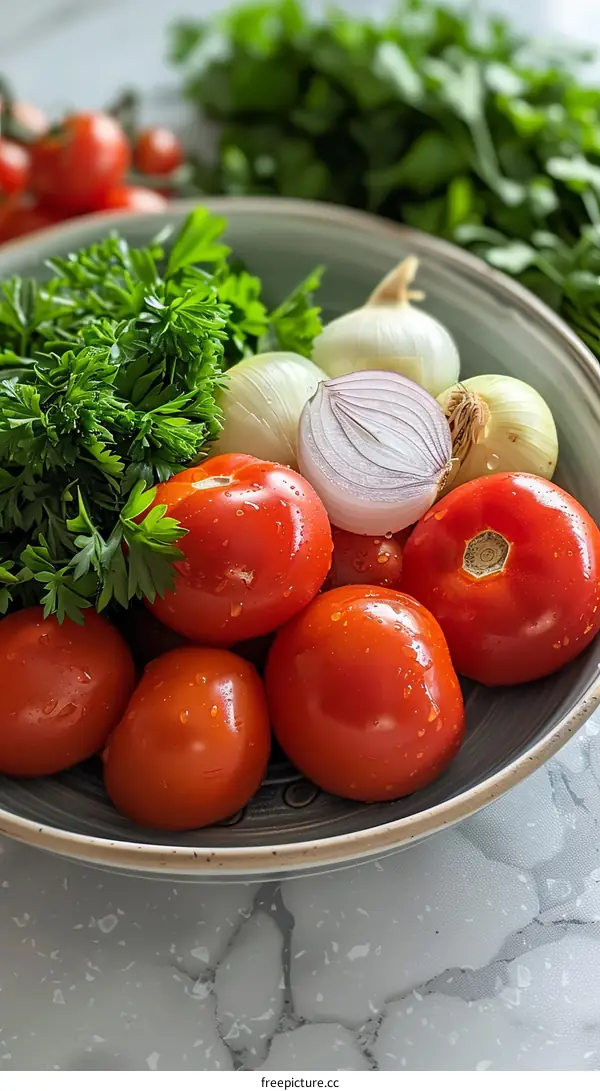 A bowl of tomatoes, onions, and parsley