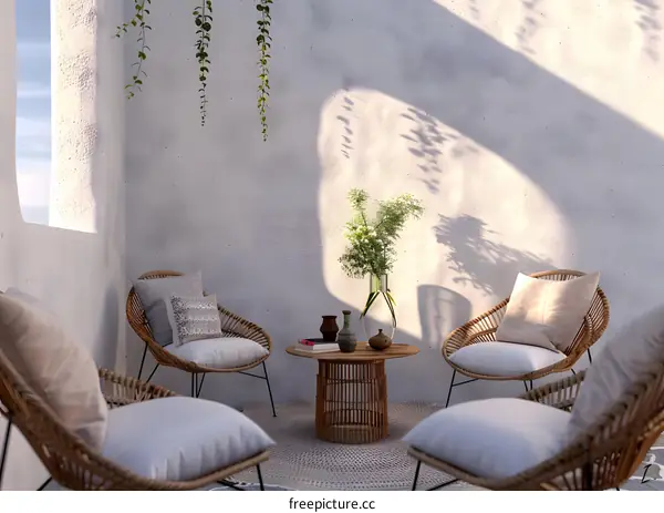 Minimalist Patio with Rattan Chairs and Greenery