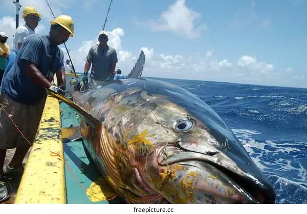 Three fishermen on a boat with a large yellowfin tuna