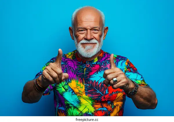 Senior Caucasian Man in Colorful Hawaiian Shirt Gesturing