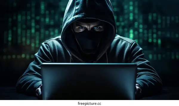 A masked man in a hoodie is using a laptop in a dark room.