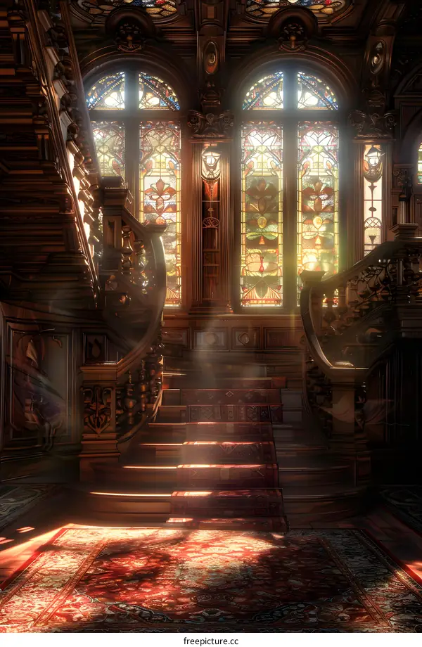 ornate wooden staircase with stained glass windows