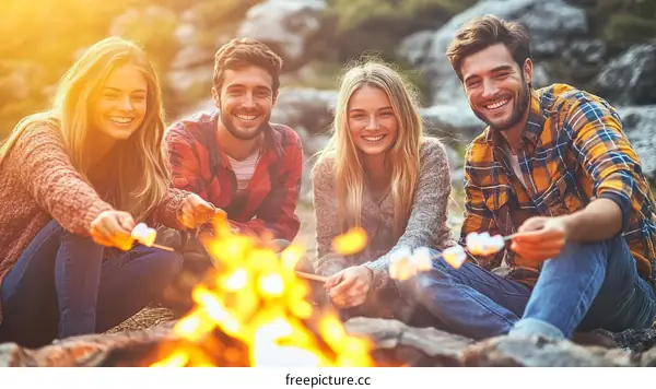 Happy Friends Roasting Marshmallows Around Campfire
