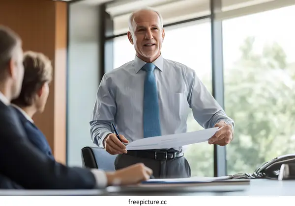 Businessman Presenting Documents to Colleagues in a Meeting